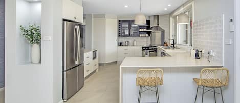 Fridge, microwave, high chair