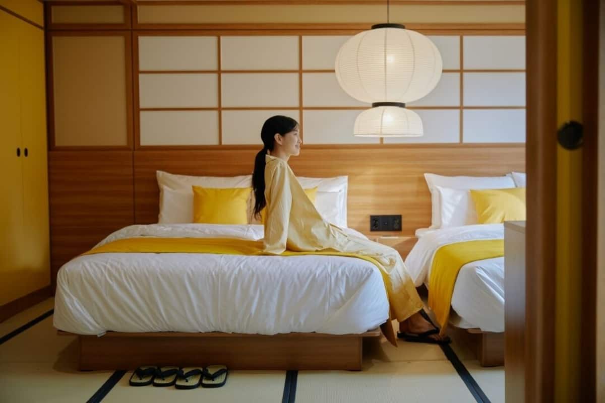 A traditional Japanese-style bedroom with two beds, a wooden headboard, and a hanging paper lantern.