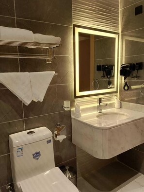 Hair dryer, towels, soap, shampoo