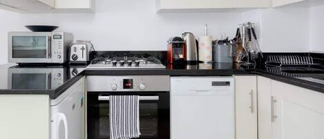 Fridge, microwave, oven, stovetop