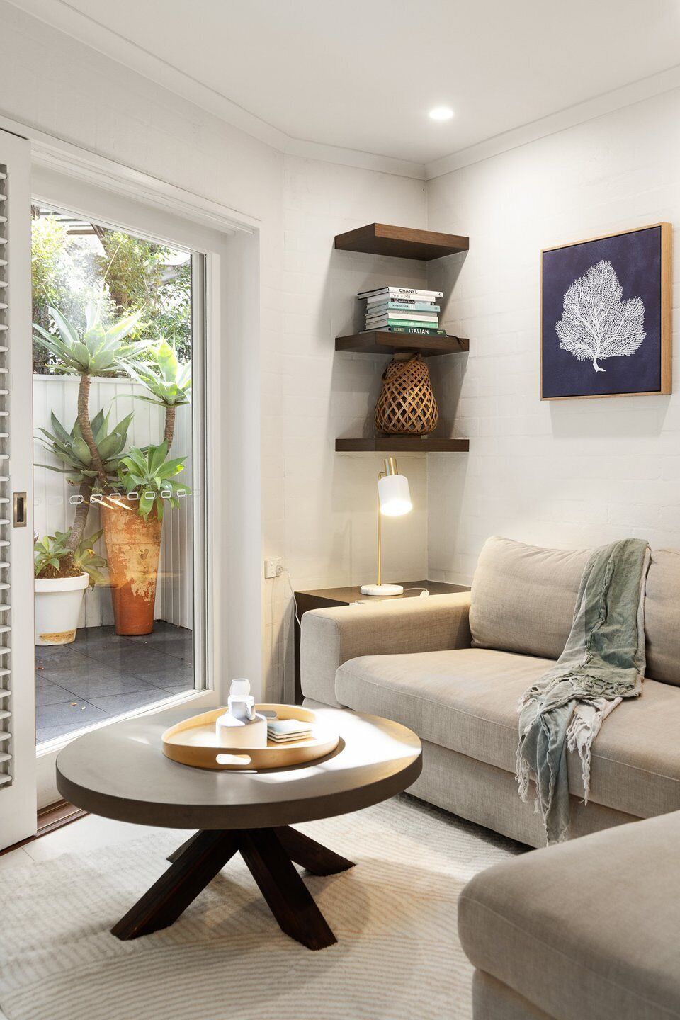 A modern living room with a sofa, a coffee table, and a bookshelf. There is a potted plant outside the window.