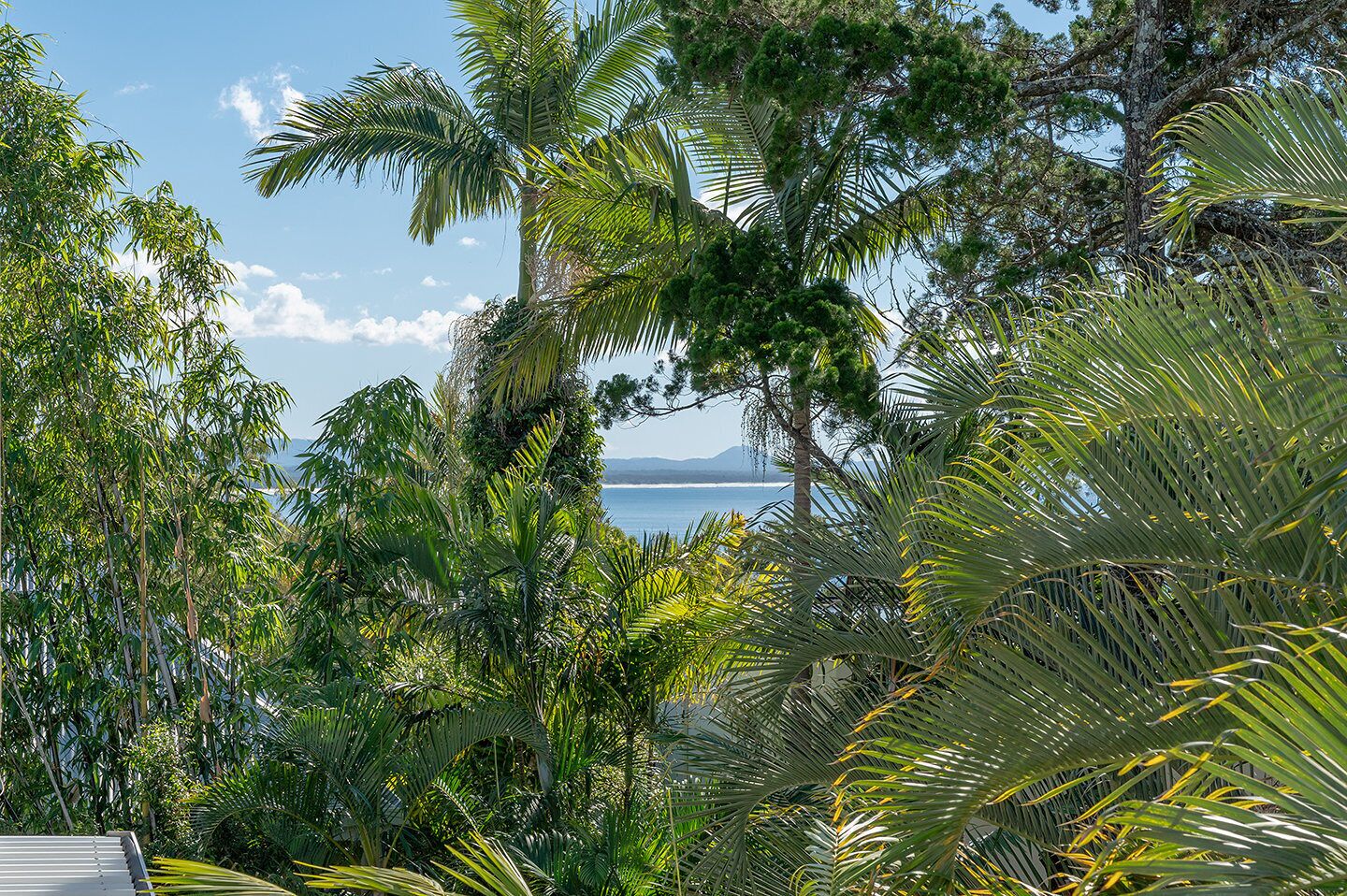 Paisaje tropical con vegetación exuberante y vista al mar.