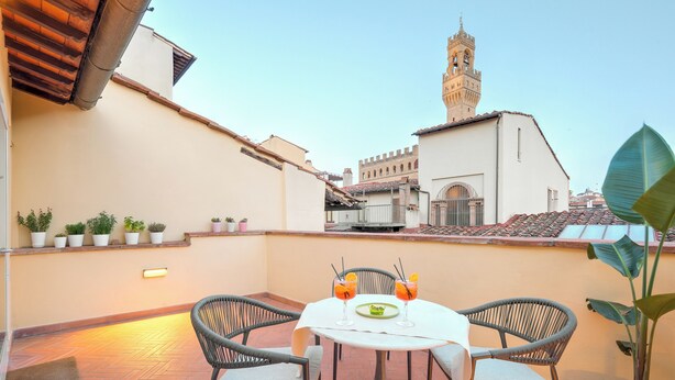 Une terrasse avec une table et des chaises, des plantes en pot et une vue sur un bâtiment historique doté d’une tour.