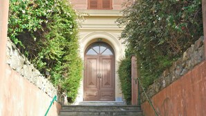 Un conjunto de escalones de piedra que conducen a un doble puerta con un arco semicircular encima, flanqueada por muros con plantas trepadoras.