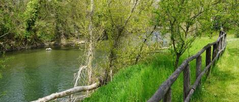 A river with a wooden fence along the bank, surrounded by lush greenery and trees.