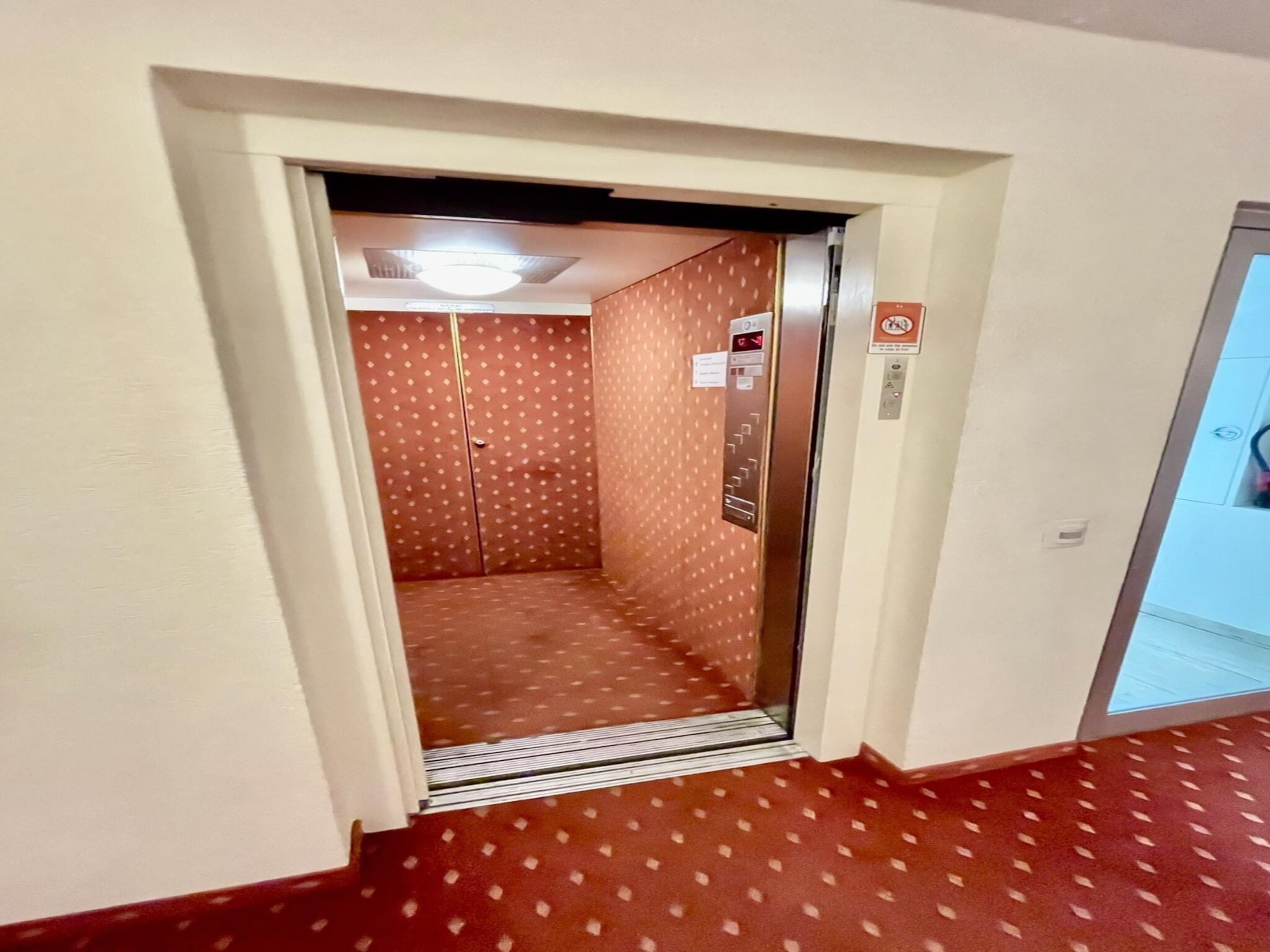 Un ascenseur avec un mur décoré de motifs et un sol recouvert d’une moquette rouge.