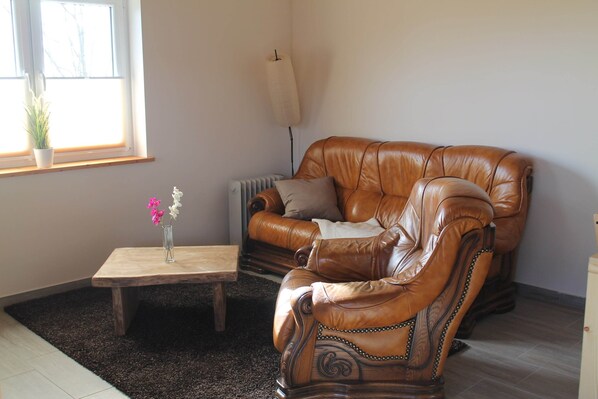 A living room with a brown leather sofa, a wooden coffee table, a floor lamp, and a potted plant by the window. - Modern Holiday Home in Brusow With Roofed Terrace (Kroepelin)