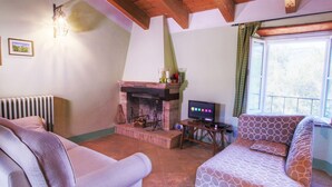 A cozy living room with a fireplace, a television, and two patterned sofas. - Picturesque Holiday Home in Assisi With Pool (Assisi)