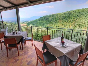 Une terrasse avec des tables et des chaises, une vue sur un paysage verdoyant et une chaîne de montagnes à l’horizon.