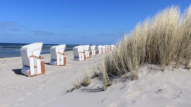 Une plage bordée de rangées de chaises longues blanches et une dune couverte d’herbes hautes.