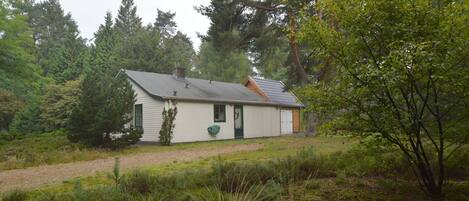 A small, single-story house with a sloped roof, surrounded by dense forest and a gravel path leading to the front door.