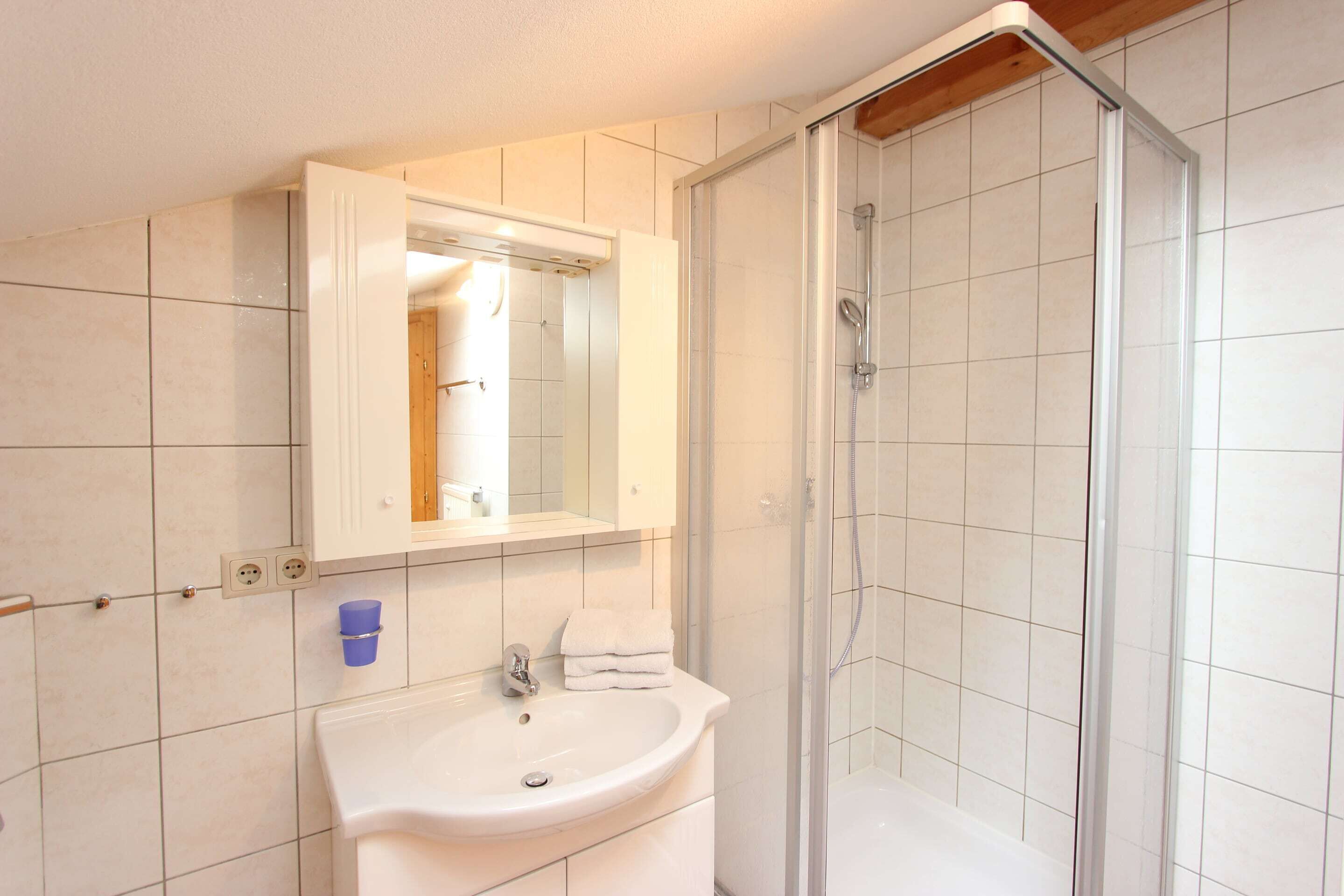 A bathroom with a white sink, a mirror, and a glass-enclosed shower.
