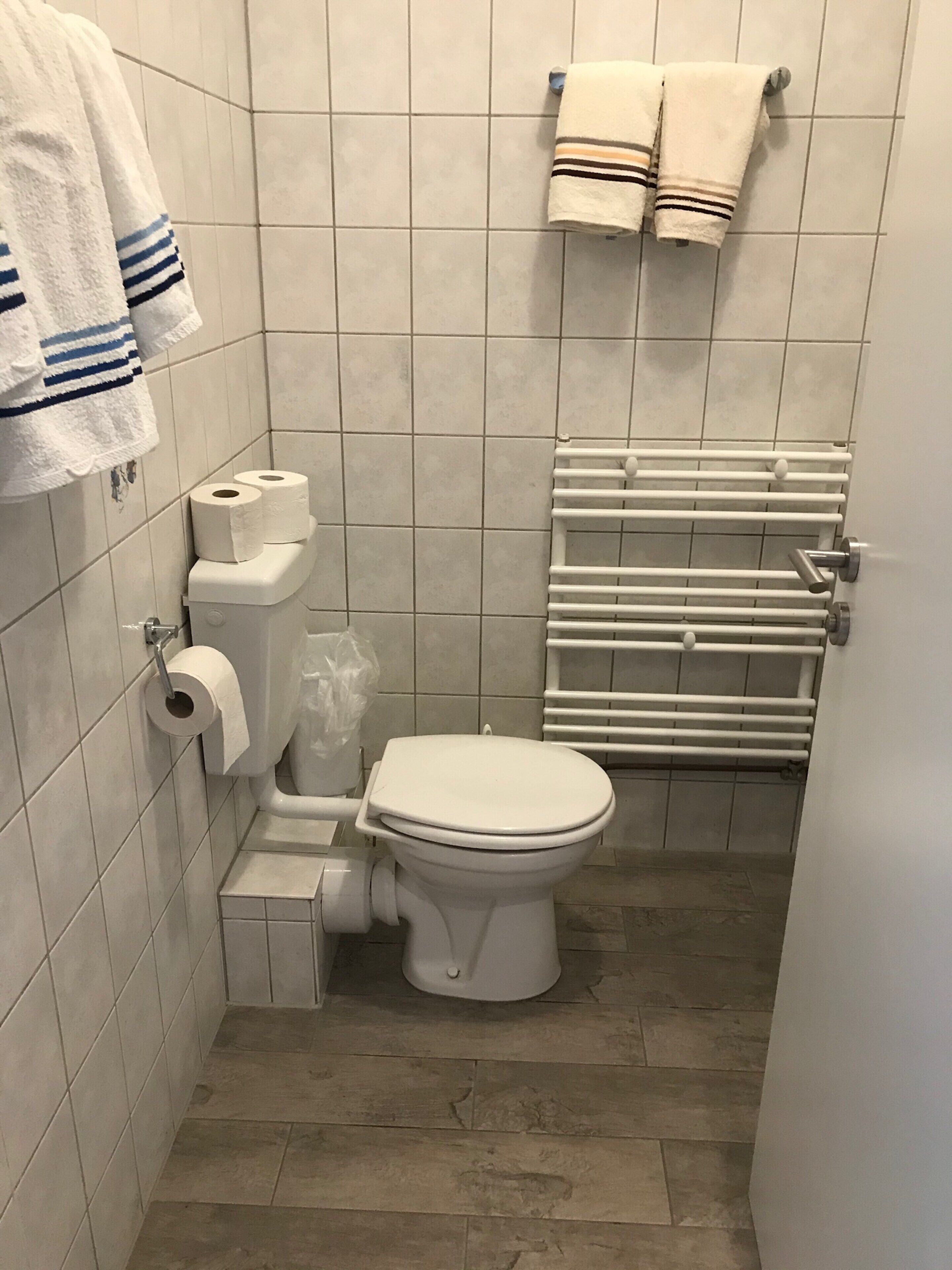 A small, tiled bathroom with a toilet, a toilet paper holder, a towel rack, and a shower area.