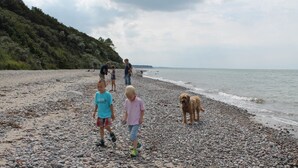 A pebbled beach with children and a dog. - Modernly Furnished Holiday Home Near the Beach (Rostock)