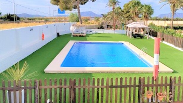 Une piscine rectangulaire, avec une clôture en bois au premier plan, entourée de gazon synthétique vert et de palmiers.