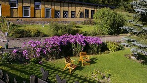 A traditional building with a stone facade, wooden shutters, and a garden with purple flowers and wooden chairs. - Gemutliche Ferienwohnung in Kaifenheim (Kaifenheim)