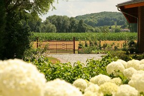 A rural landscape with a gated entrance, a field of crops, and a building with a sloped roof. - Lovely Farmhouse in Wijlre With Forest Nearby (Wijlre)