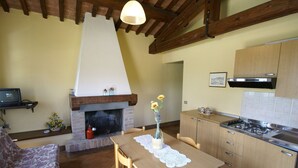 A cozy kitchen with a fireplace, wooden cabinets, and a dining table with a vase of flowers. - Beautiful Apartment With Panoramic Swimming Pool (Città di Castello)