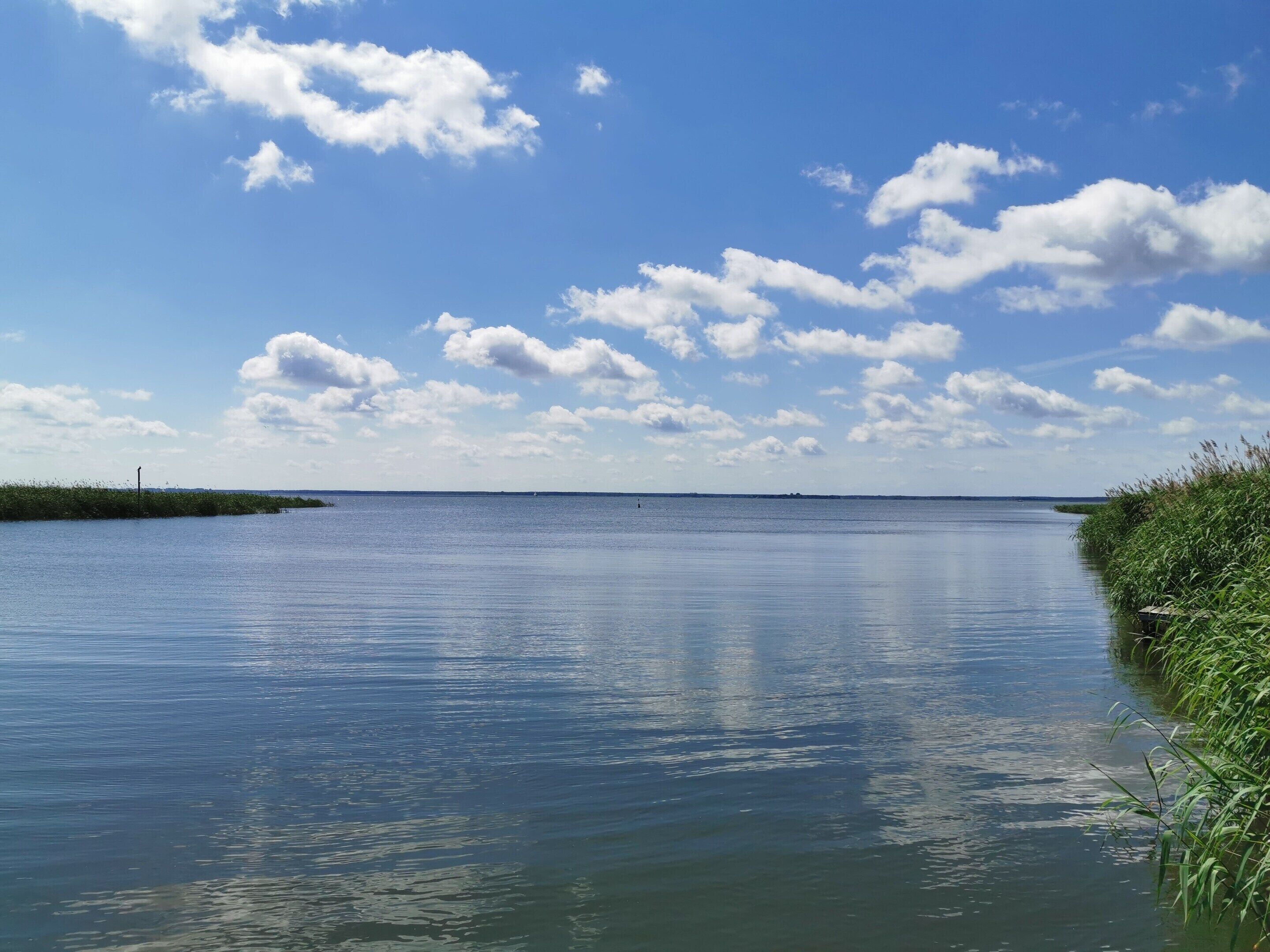 A calm body of water with a clear sky and scattered clouds.