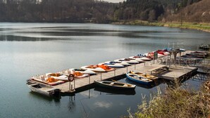 Un lac paisible avec un quai et plusieurs petits bateaux.