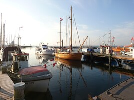 Ein Yachthafen mit verschiedenen Schiffen im Hafen, darunter ein hölzernes Boot mit einer roten Kabine und ein weißes Boot mit einem roten Streifen.