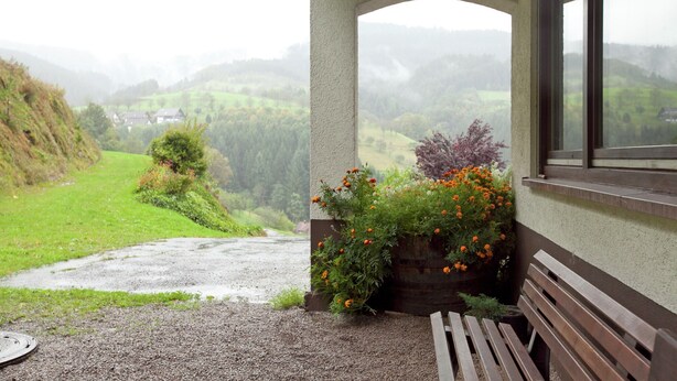 Eine überdachte Veranda mit einer Bank, einem Fenster mit Blick auf ein Tal und einem Blumenkasten mit Blumen.