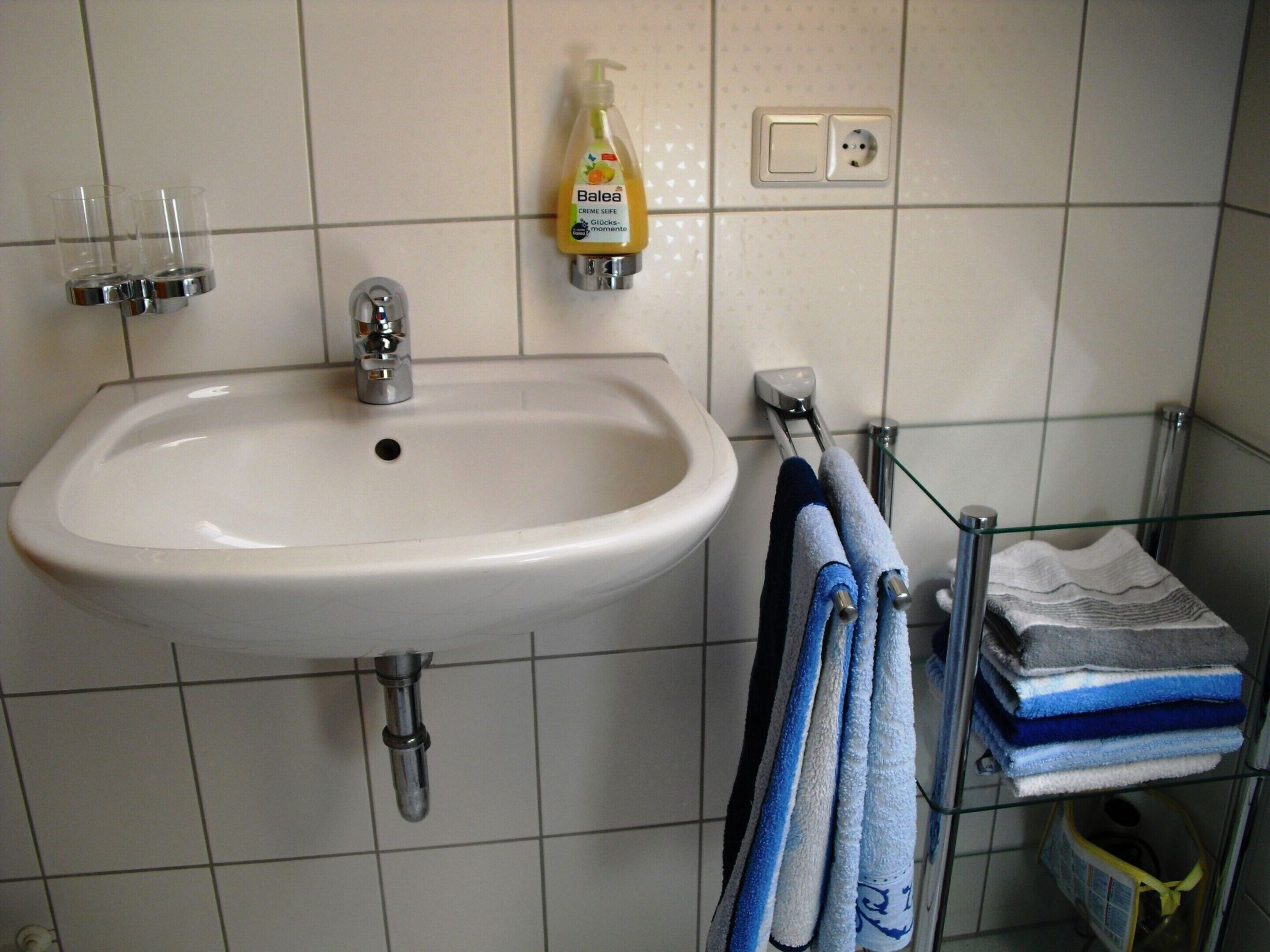 Ein Badezimmer mit einem weißen Waschbecken, einer Flasche Balesa Handseife und einem Handtuchhalter mit gefalteten Handtüchern.