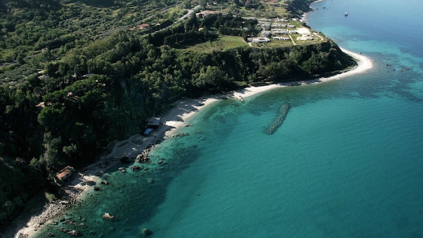 Luftaufnahme einer Küstenlandschaft mit Strand, dichtem Wald und blauem Meer.