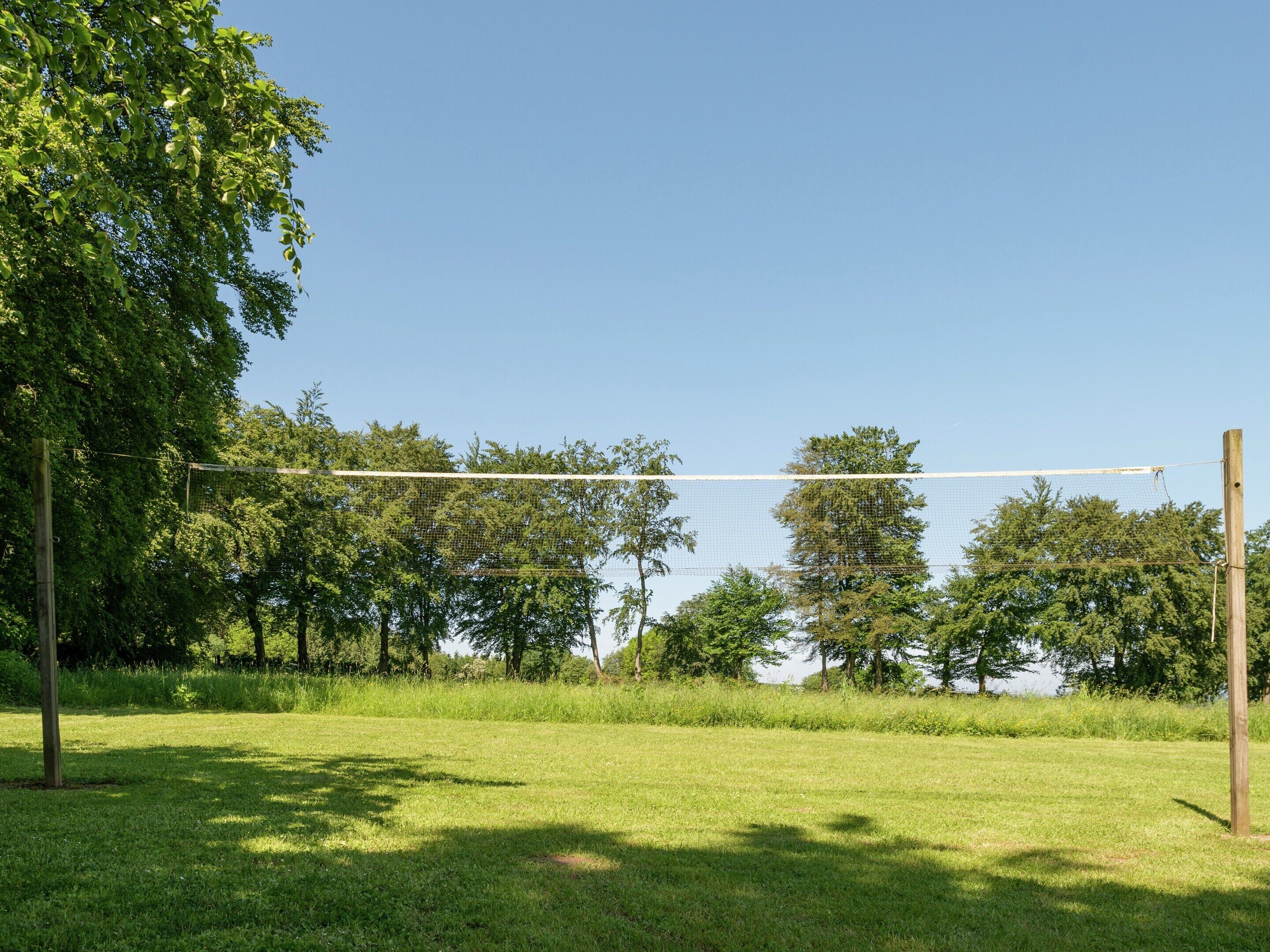 A grassy field with a volleyball net, trees, and a clear sky.