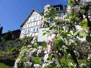 A traditional half-timbered house with a garden in full bloom. - Delightful Holiday Home in Battenberg Near Forest (Battenberg)
