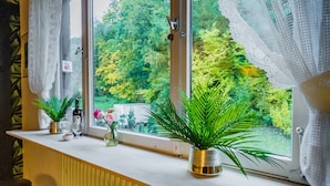 A window with lace curtains, a view of trees, and potted plants on a ledge. - Large, Detached Holiday Home in Willingen With Garden (Willingen)