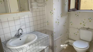 Chuveiro, toalhas de banho, papel higiênico