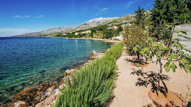A coastal path with clear water, rocky shoreline, and greenery. - Modern Apartment in Starigrad Paklenica With Barbecue (Starigrad)