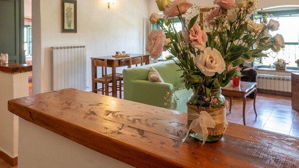 A wooden table with a vase of flowers in a rustic setting. - Appealing Apartment in Collesalvetti With Garden (Collesalvetti)