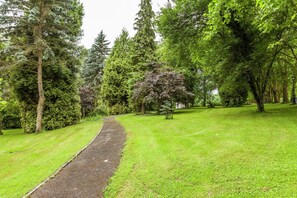 Meander through a lush park surrounded by tall trees and neatly trimmed grass.