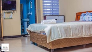 A hotel room with a bed, a window with blinds, a sink, and a television mounted on the wall. - T3C GARDENS (Lusaka)