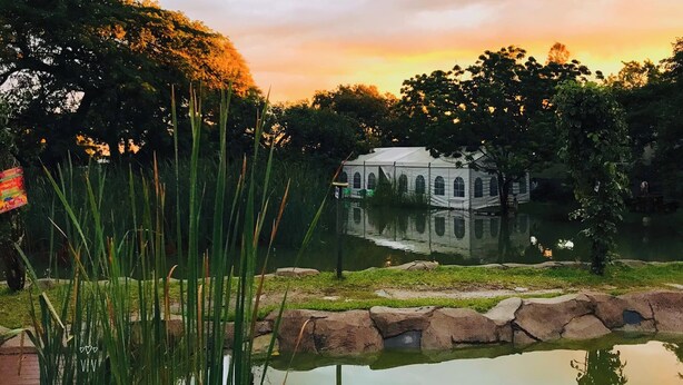 A serene lakeside setting with a pavilion and a stone pathway. - T3C GARDENS (Lusaka)
