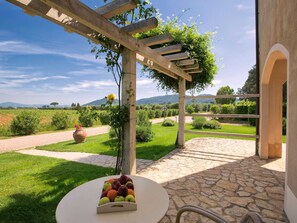 A garden patio with a stone floor, a white table with fruit, and a pergola with climbing plants. - Resort With Pool, Wellness Area and air Conditioning (Grosseto)