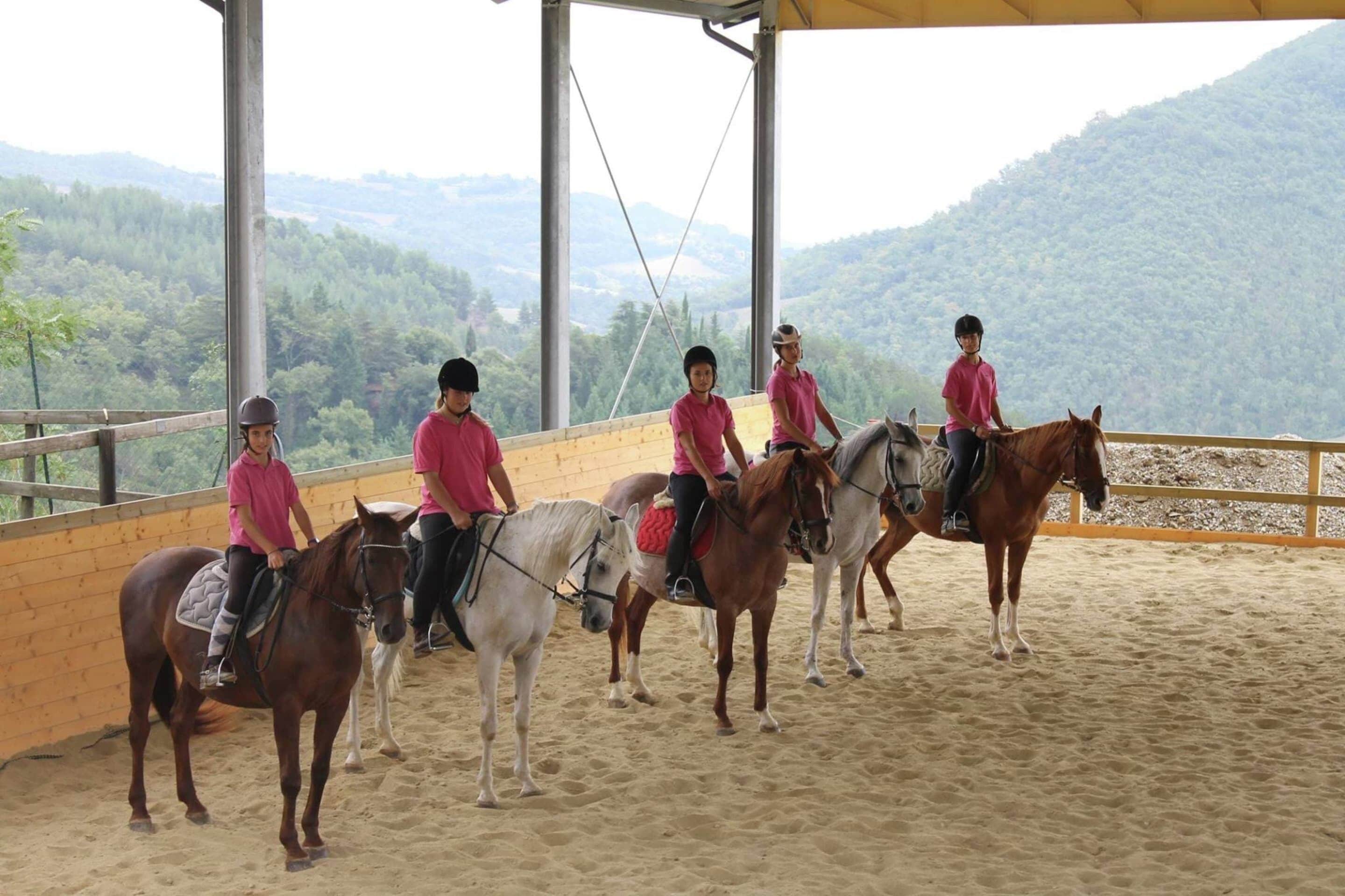 A covered riding area with multiple horses and riders, surrounded by a wooden fence and a view of a forested hillside.