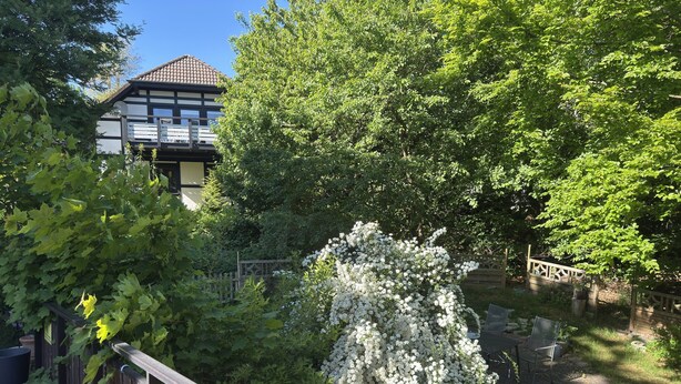 A wooden bridge with a metal railing, surrounded by lush greenery and a building with a tiled roof in the background.