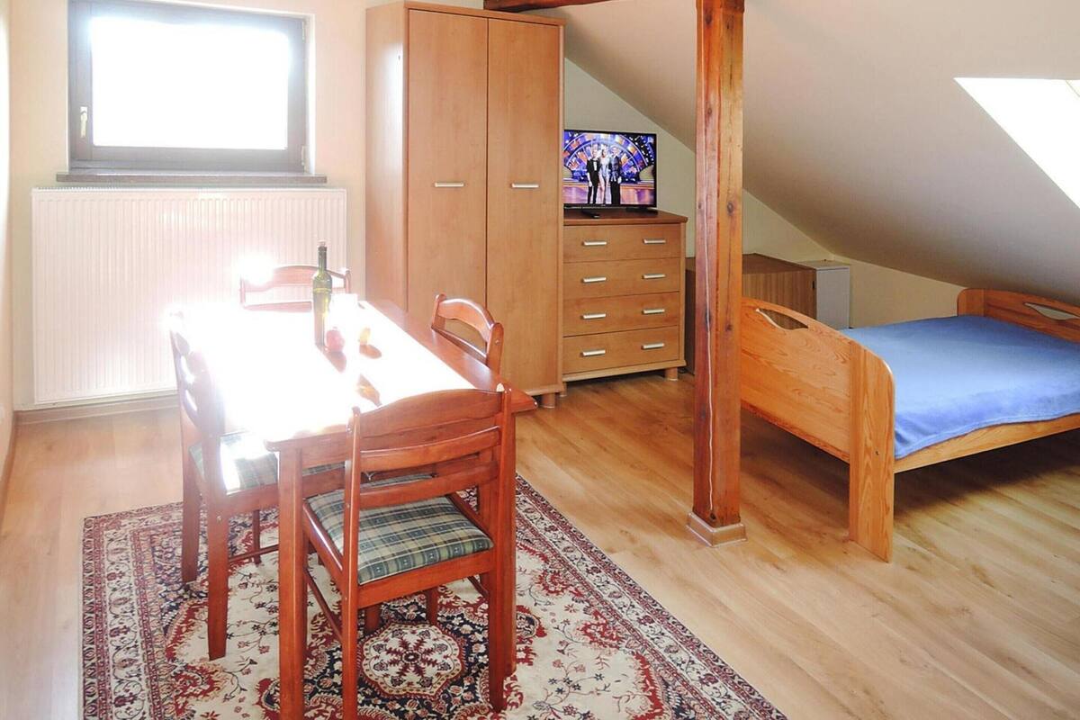 Een slaapkamer met een houten bed, een televisie, een kledingkast en een eettafel met stoelen.