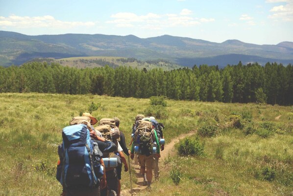 A group of hikers on a trail with a mountainous landscape in the background. - Spacious Holiday Home in Chodes With Sauna (Malmedy)