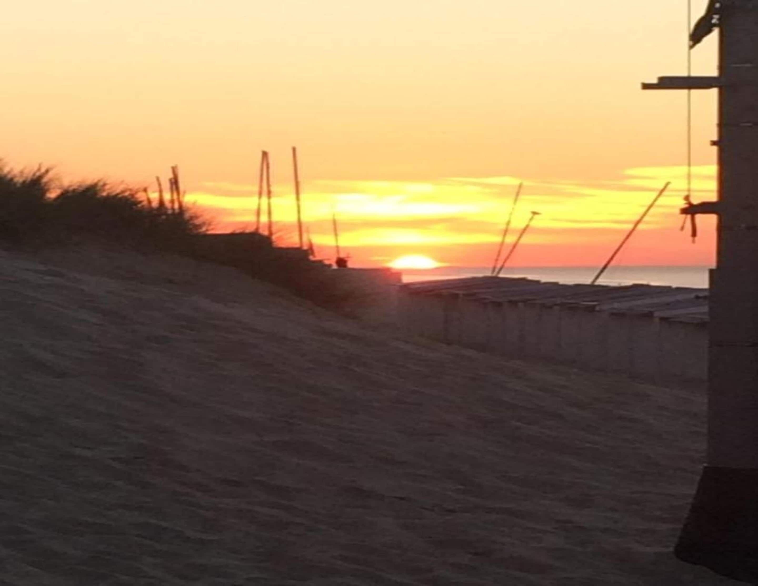 A beach with a sunset, sandy dunes, and a concrete wall with metal poles.