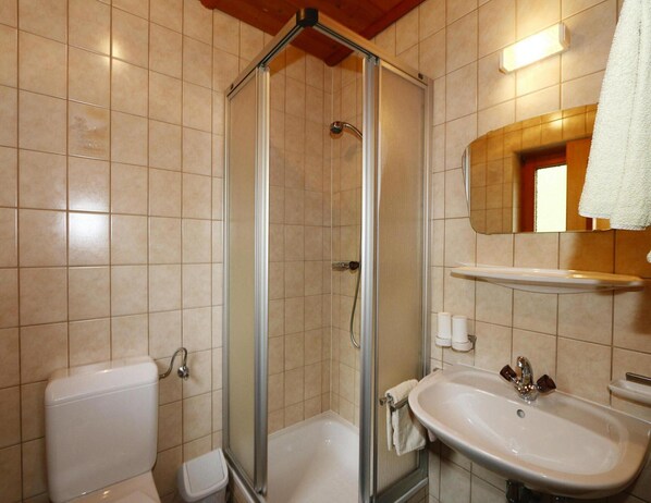 A bathroom with a glass-enclosed shower, a toilet, and a sink with a mirror above it.