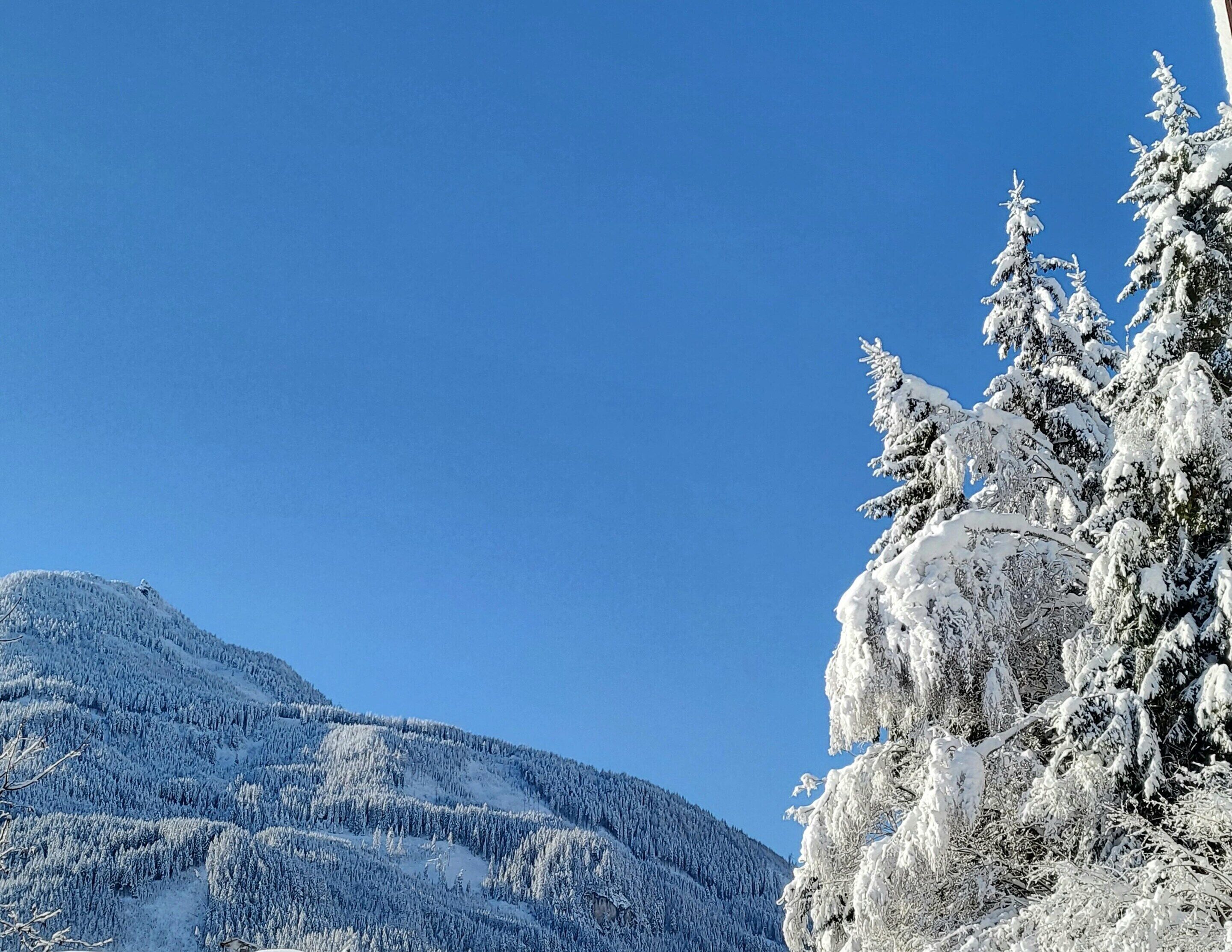 A snow-covered mountain with a clear blue sky.
