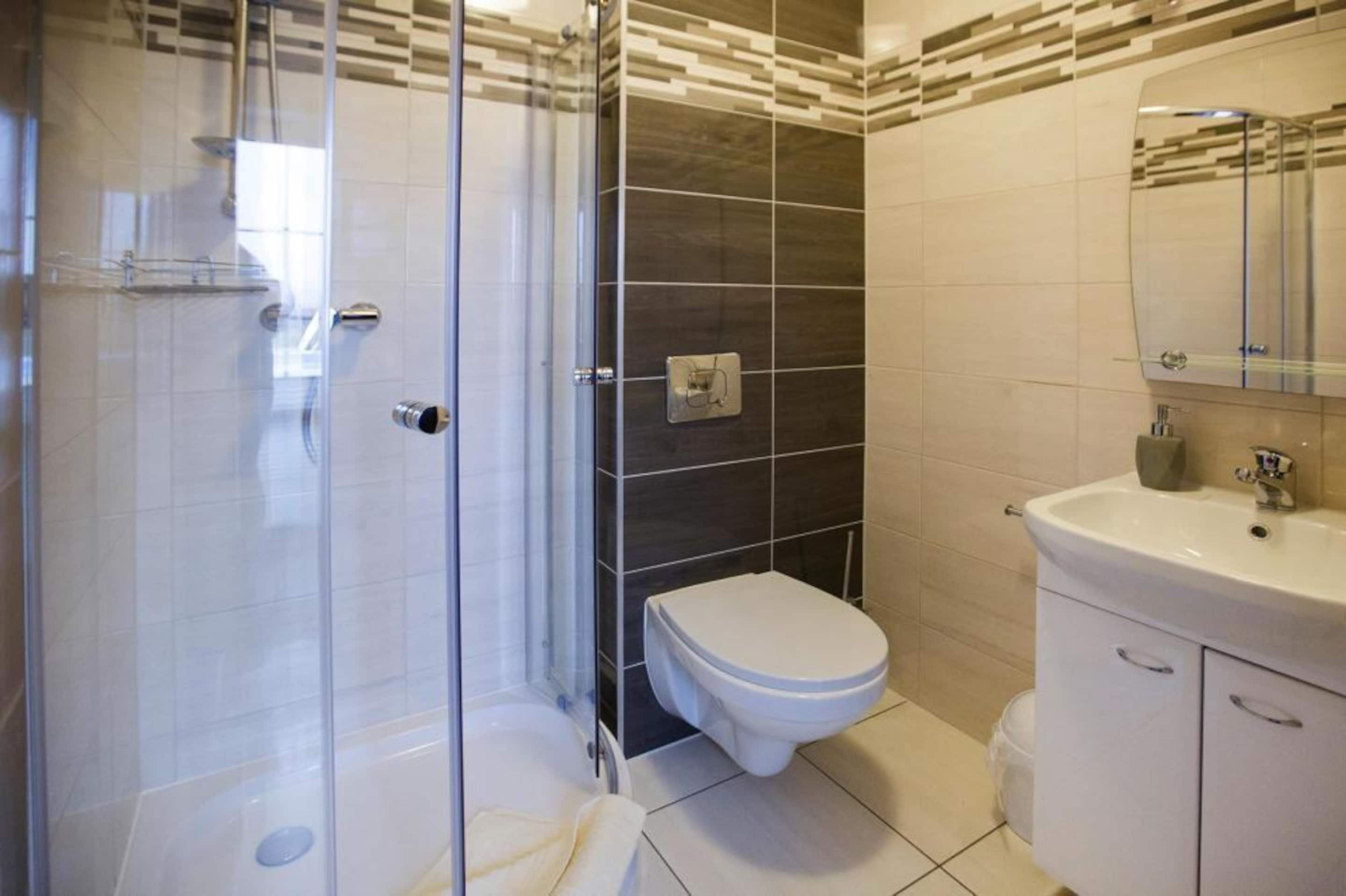 A modern bathroom with a glass shower enclosure, a white toilet, and a vanity with a mirror.