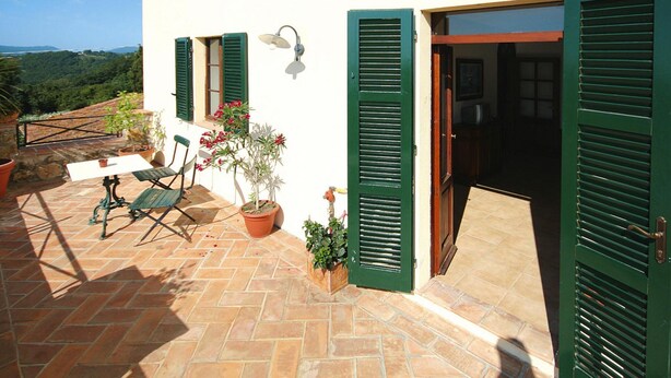 Une terrasse avec une table et des chaises, des plantes en pot et une vue sur la campagne.