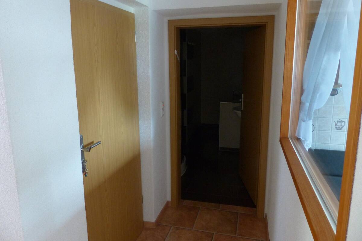 A narrow hallway with a wooden door on the left, a dark room beyond, and a window on the right.