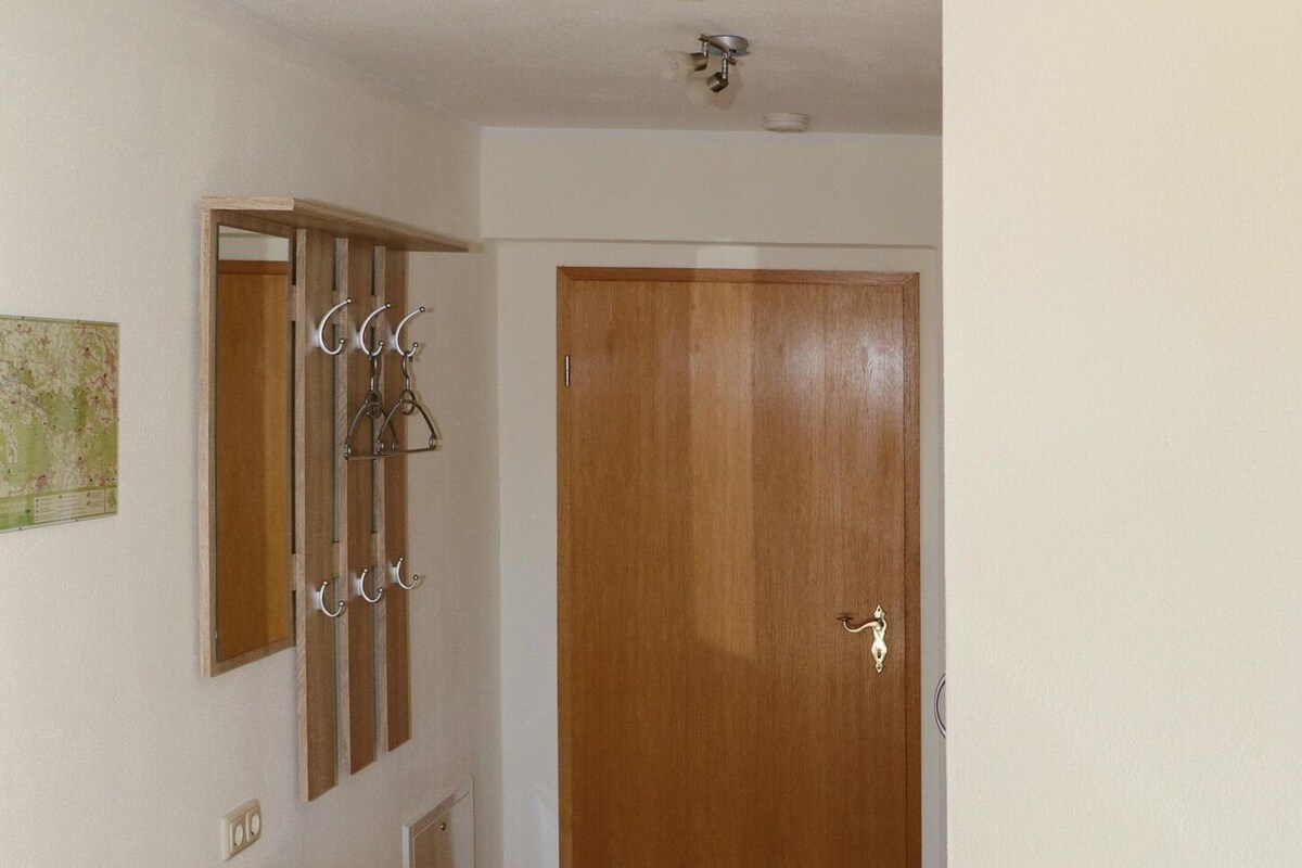 Un pasillo con puerta de madera, un radiador, un espejo y un pequeño armario de madera.
