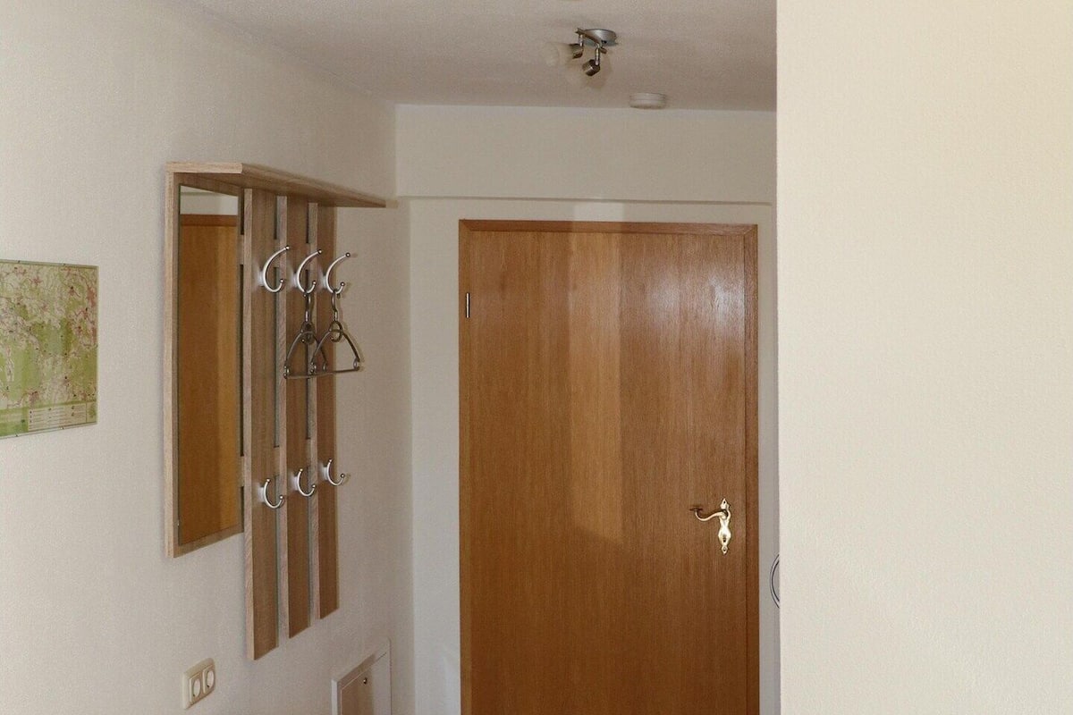 A hallway with a wooden door, a radiator, a mirror, and a small wooden cabinet.